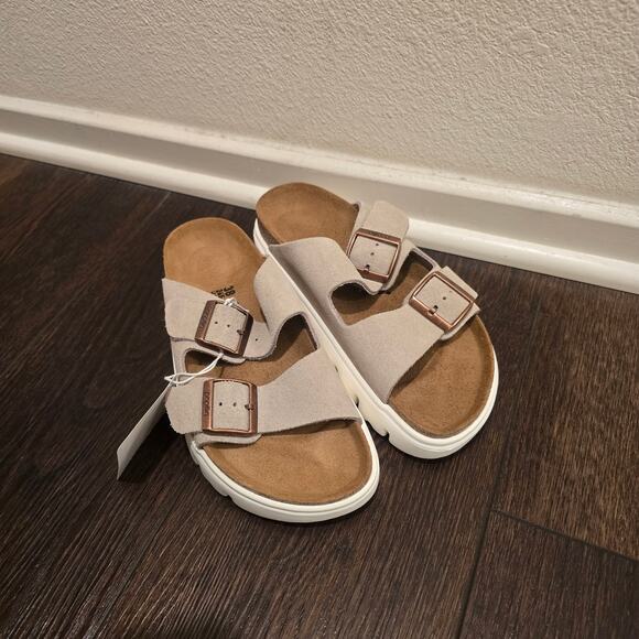 Papillio Birkenstock Arizona Pap Taupe Platform Chunky Slides Sz 38 US 7 Narrow - Picture 3 of 10